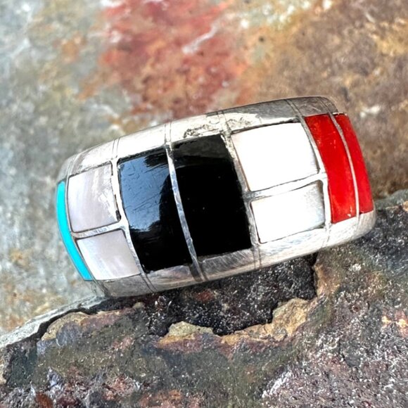 Vintage Signed Zuni Sterling Silver Channel Inlay Ring Size 8 - Picture 1 of 6